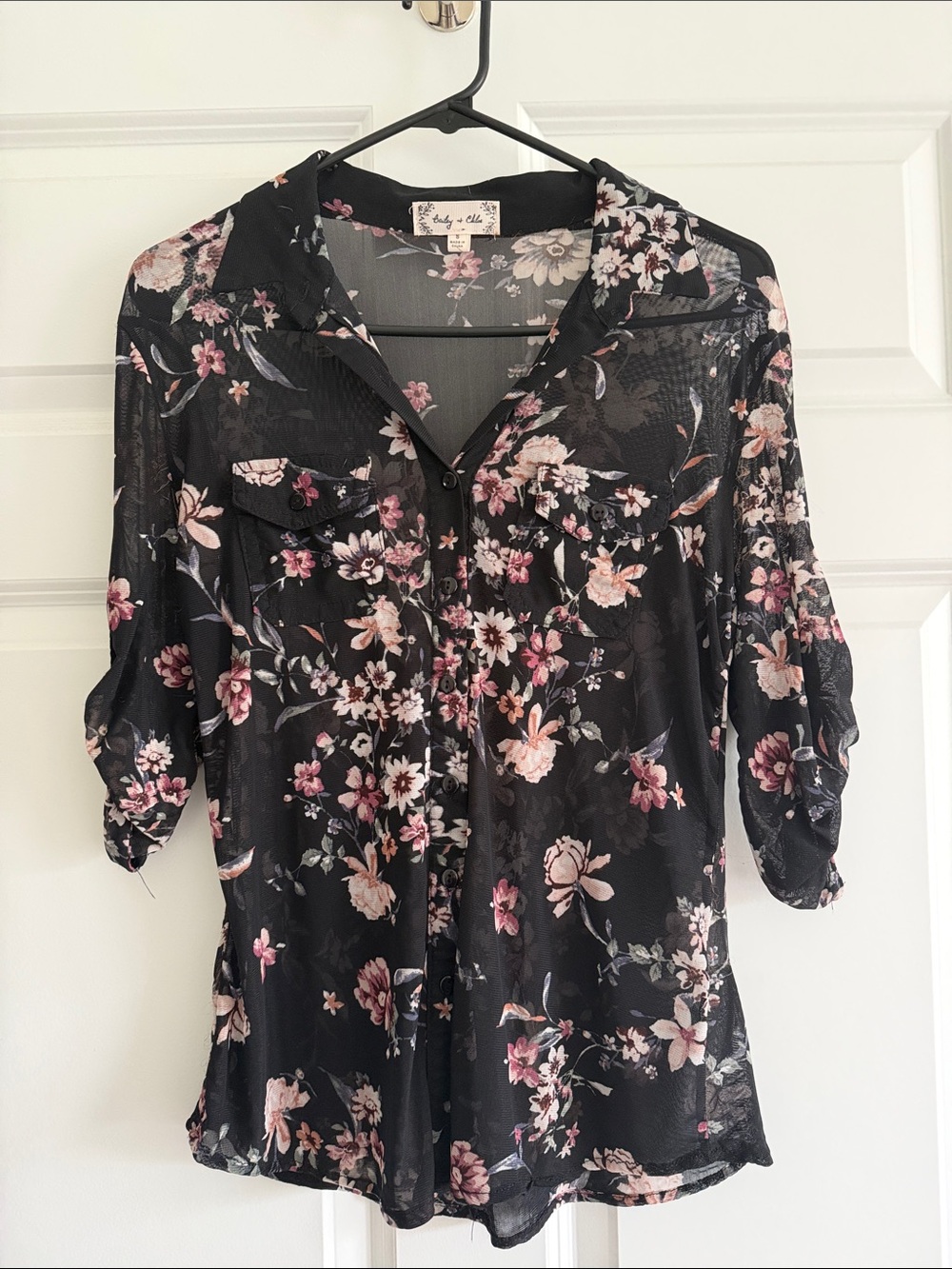 Bailey & Chloe - Sheer Black Long-Sleeve Floral Top | Size: S